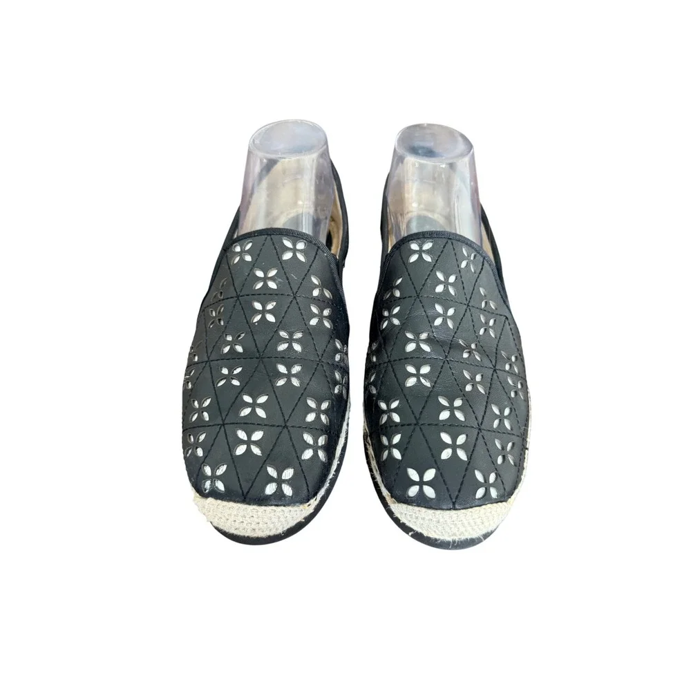 Michael Kors Black Leather‎ Laser Cut Floral Espadrille Platform Slip On Shoes